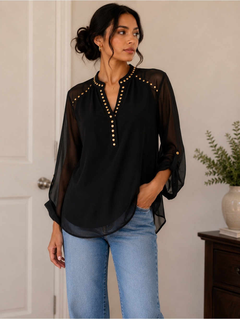 Black Stud-Trim Chiffon Blouse - Women